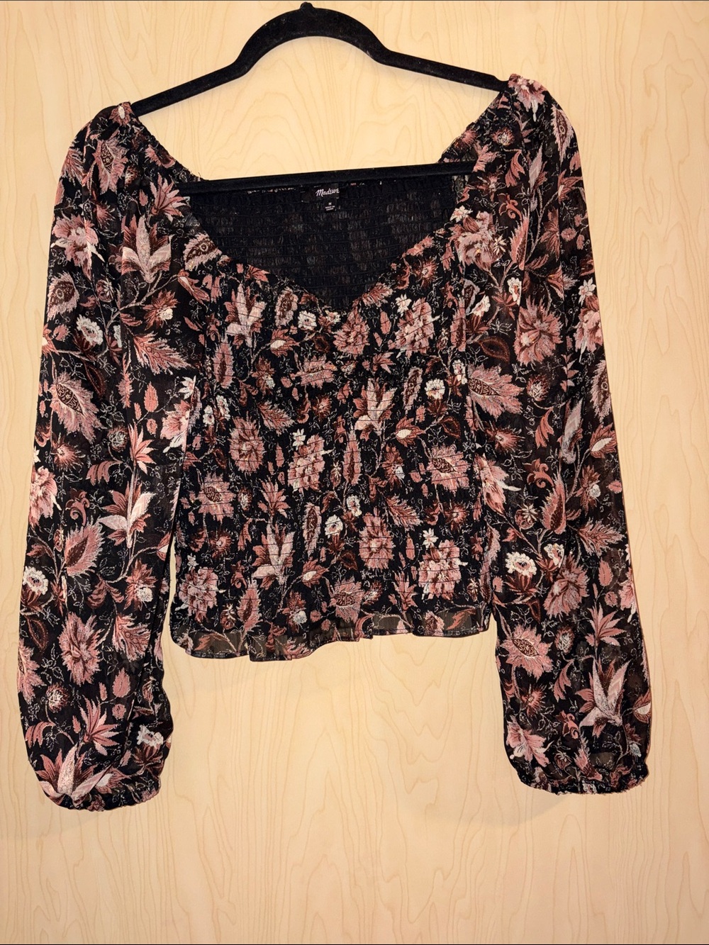 Madewell Black Floral Smocked Long-Sleeve Blouse